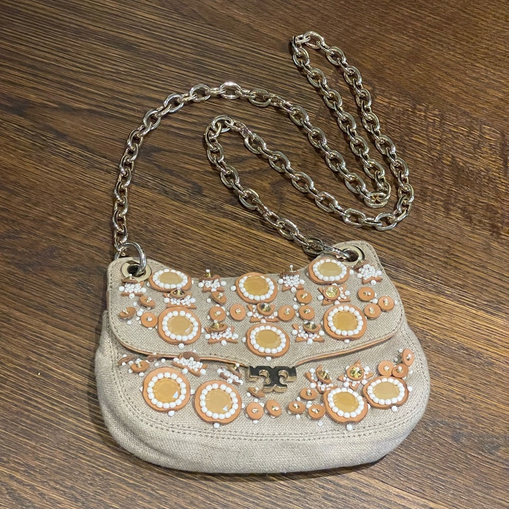 Sequin beaded leather and canvas crossbody